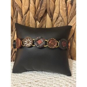 Vintage Button Bracelet Upcycled Gold Tone Link Red Black Glass  OOAK Boho
